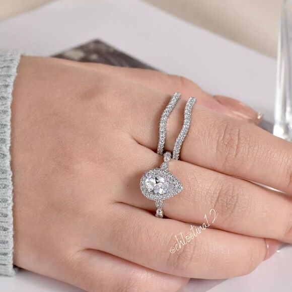 3 Ct Halo Pear Shape Wedding Engagement Band Enhancer Ring Set Sterling Silver - Picture 7 of 9